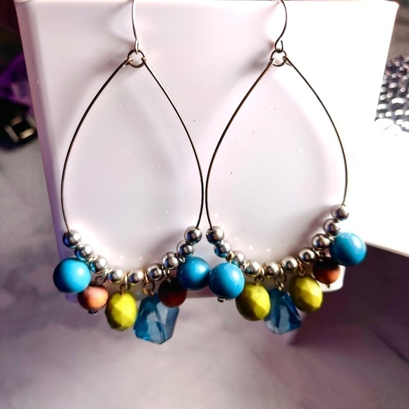 VINTAGE Big-A$$ Wire Dangle Candelier Earrings with Blue, Green, + Copper Beads - Picture 1 of 7